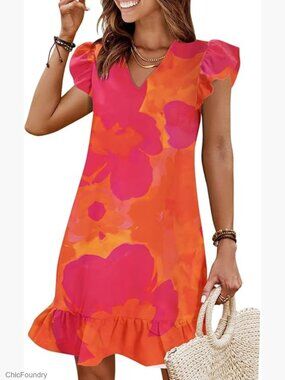 V Neck Cap Sleeve Ruffle Hem Smock Short Casual Beach Dress for Women
